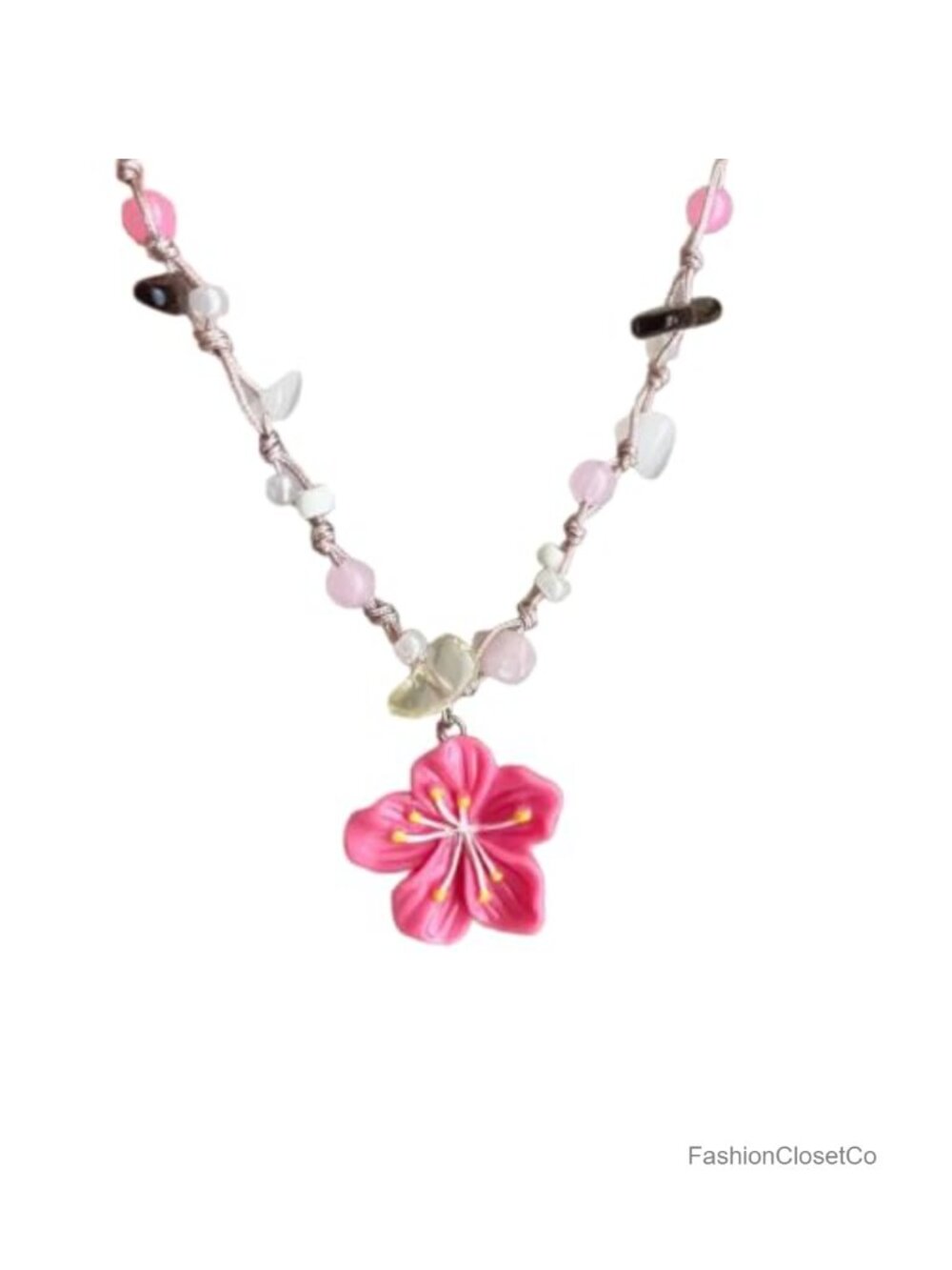 Handmade Woven Cord Floral Pendant Necklace Adjustable Beaded Boho Jewelry